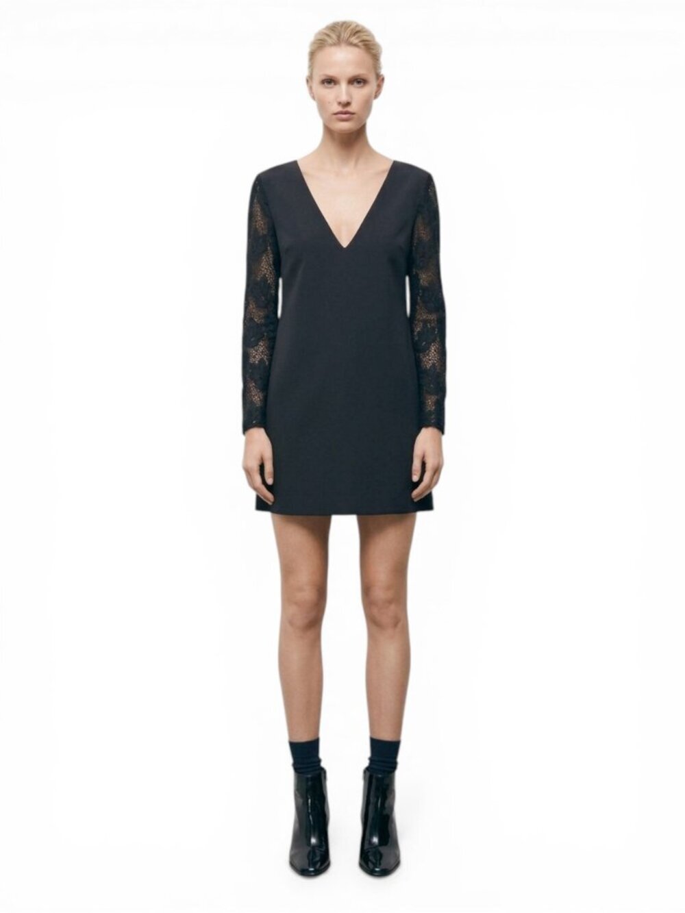 The Kooples Black Crepe Deep V-Neck Lace Long Sleeve Mini Dress NWT New 1 or XS